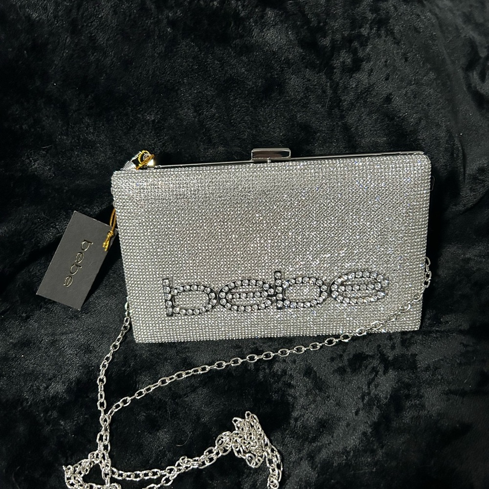 bebe Silver Crystal Logo Evening Clutch with Chain